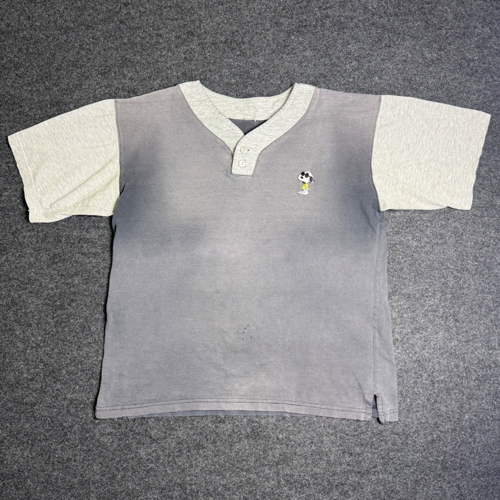 Vintage Peanuts Henley Shirt Mens L Grey Sun Faded Snoopy Embroidered Colorblock